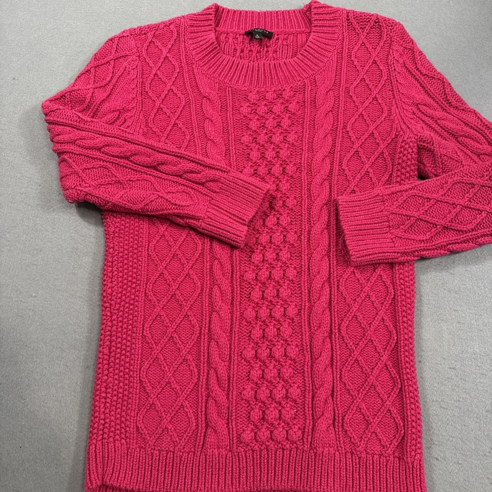 SWEATER FISHERMAN Talbots SM PETITE PINK Cable KnitRound‎ Neck CHUNKY Preppy